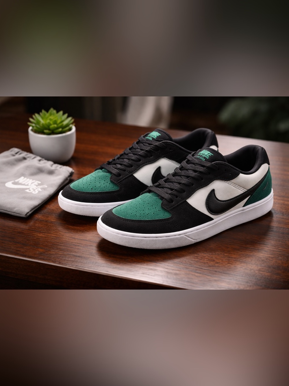 Nike SB Force 58 skate shoes in a White/Stadium Green/Black Low-Top Sneakers